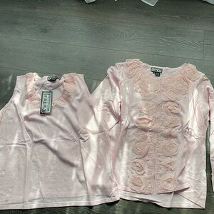 NWT BEREK Pink Tulle Rosettes & Diamond Like Crystals Cardigan & Shell Set 2XL